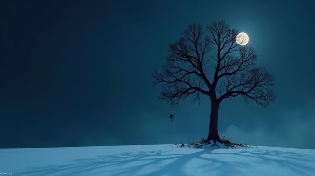 Solitary Tree Silhouette Under a Full Moon in a Snowy Landscape at Night