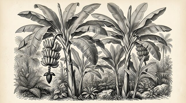 Vintage engraving illustration of banana trees with hanging fruit bunches in tropical landscape