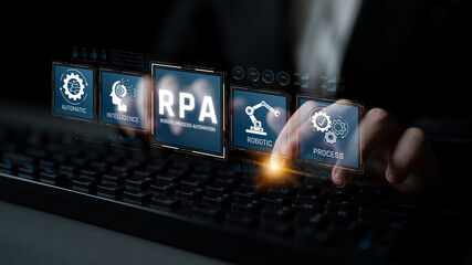 Futuristic User Interface for Robotic Process Automation with Hands Typing on Keyboard Showcasing...
