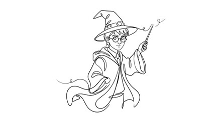 Fototapeta premium Magic Boy Wizard Hat Wand Spell Line Art Isolated