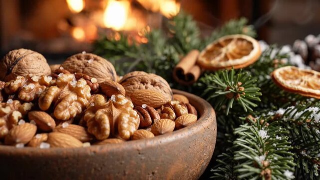 Bowl of walnuts and spices with pine branches.