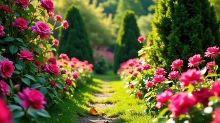 Naklejka premium A picturesque garden path bordered by vibrant pink rose bushes, lush green grass, and neatly trimmed evergreen shrubs creates a serene and inviting ambiance