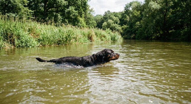 Active Rottweiler dog swimming through a calm river surrounded by lush green forest trees during a bright summer day with natural light creating a beautiful peaceful outdoor scene for large pets today