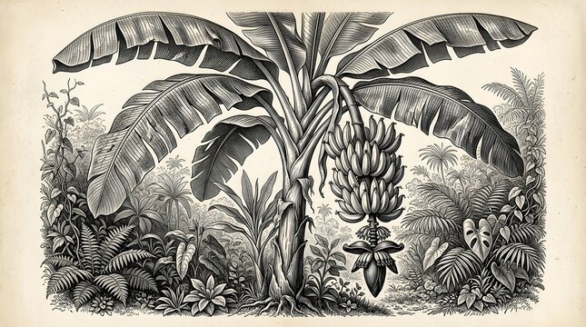 Vintage engraving illustration of a banana tree with fruit in a tropical landscape, tropical