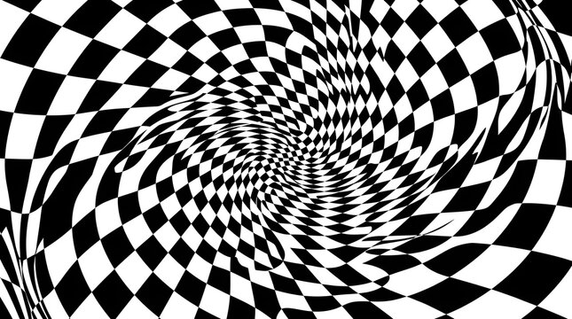 Abstract black and white checkered optical illusion vortex pattern background with checkered