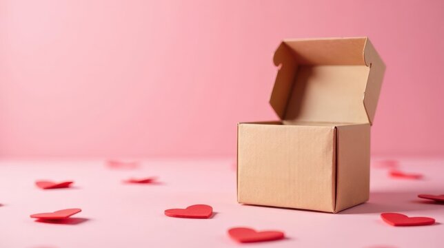 A partly open cardboard gift box sits amidst scattered small hearts on a pink surface; an image suggestive of affection and anticipation.
