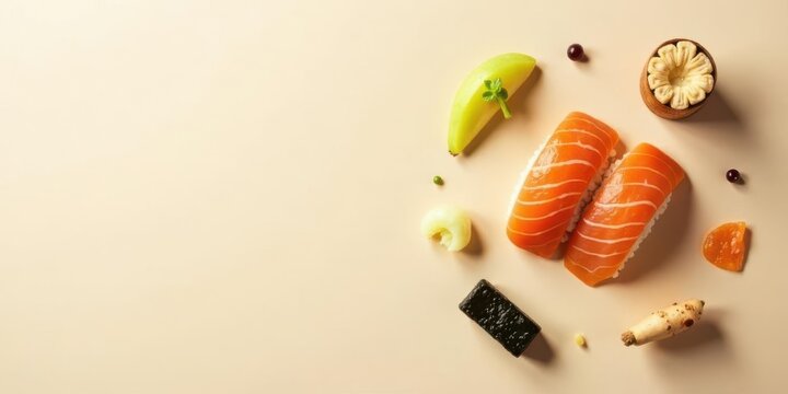 Elegant salmon nigiri presentation with assorted garnishes on a beige background
