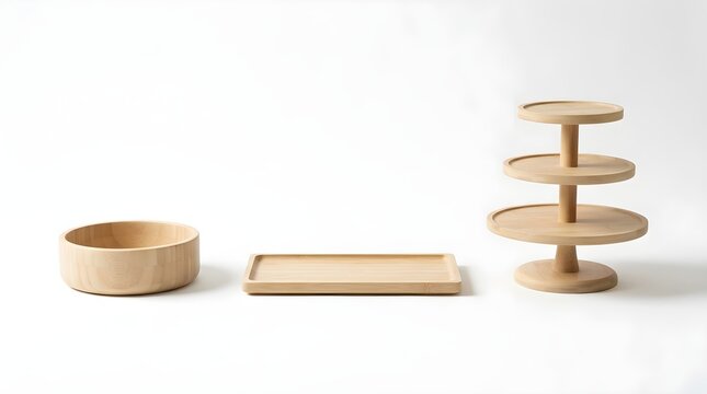 Minimalist wooden kitchenware set with bowl tray and three tiered cake stand isolated on white background