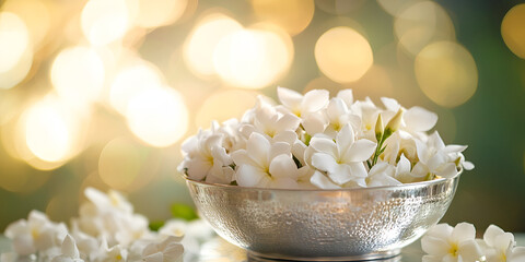 Obraz premium Fresh White Jasmine Flowers in Glass Bowl with Soft Natural Bokeh Background