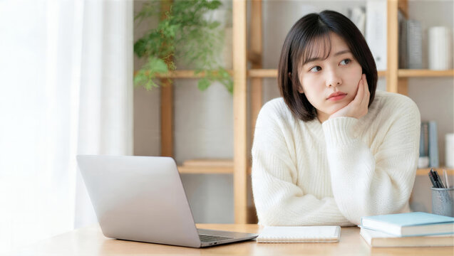 ノートパソコンとノートを前に頬杖をつく女性