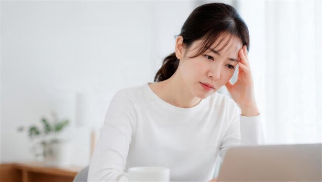ノートパソコンの前で額に手を当て眼精疲労に悩む女性