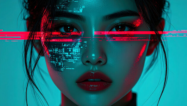 High fashion portrait of young Korean woman face dissolving into digital pixels with red neon laser light for cyberpunk and artificial intelligence concept