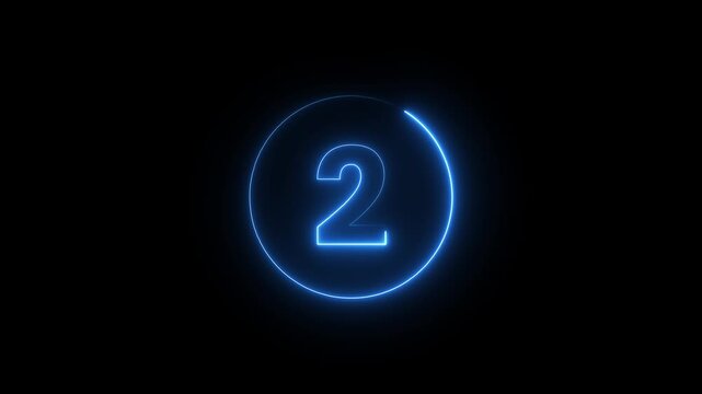 Neon blue number two countdown circle frame animation isolated on black background motion.