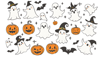 Fototapeta premium Isolated cute hand drawn Halloween ghost and pumpkin vector sticker pack on white for kids party digital scrapbooking and festive UI assets