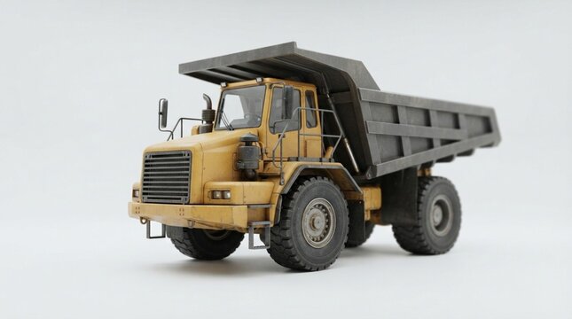 Yellow heavy duty dump truck with grey bed isolated on white background