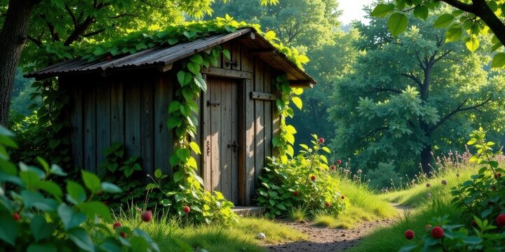 Secluded Wooden Shed Nestled in a Lush Green Forest Enclave, Bathed in Sunlight, with a Winding Path Leading to it
