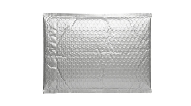 Metallic silver bubble envelope blank poly mailer padded packet packaging for mockup shipping ecommerce supply isolated on transparent background