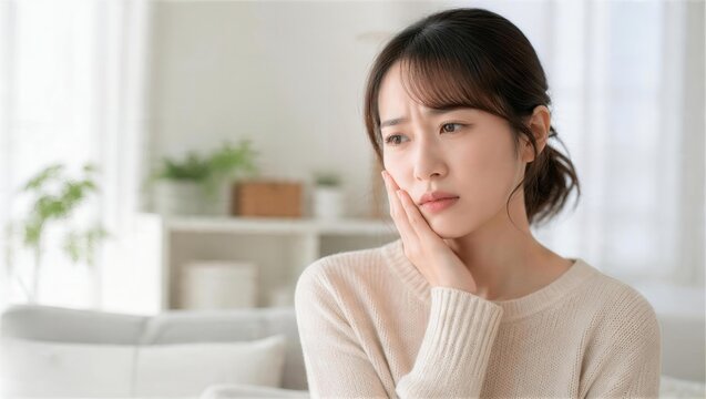 室内で頬を押さえ突然の痛みに戸惑う女性