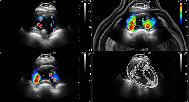 Medical ultrasound diagnostic imaging showing human heart and vascular blood flow patterns