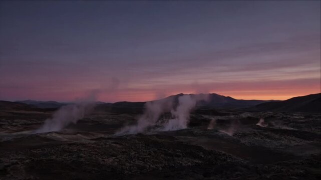 Cinematic volcanic landscape beneath glowing sunset sky, geothermal steam rising from crater fumarole across rugged mountain terrain in dramatic timelapse background, colorful twilight horizon scenery