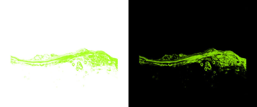 Green liquid splash with bubbles, fresh lime juice wave isolated on white and black backgrounds, dynamic water splash