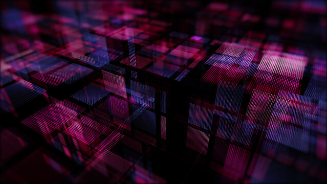 Futuristic Digital Data Grid With Glowing Magenta And Blue Blocks Creating An Abstract Technology Background, Artificial Intelligence And Technology Digital Concept 3d Rendering