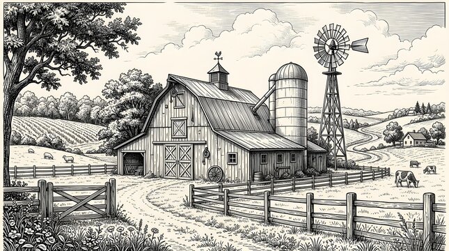 Detailed vintage engraving sketch of a traditional rural farm with barn silo windmill