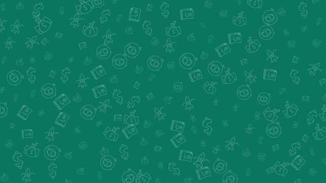 Seamless Loop Animation of Financial and Business Doodle Icons on Green Background
