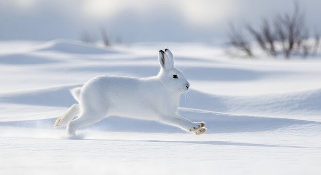 White hare runs quickly across a pristine snow covered field