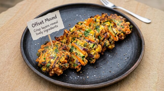 Crispy vegetable fritters served on a black ceramic plate, highlighting fresh ingredients like corn and carrots. Ideal for vegetarian food concepts, gourmet dining, and healthy snacking lifestyles