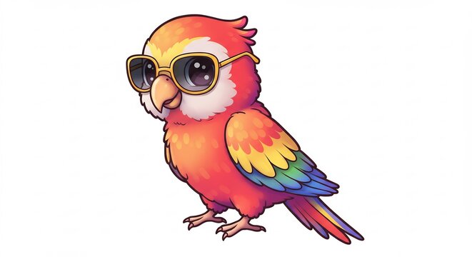 Cool Parrot with Sunglasses: A vibrant, cartoonish parrot with a tropical flair, sporting stylish sunglasses and a cheerful expression. Its colorful plumage suggests a fun and playful personality.