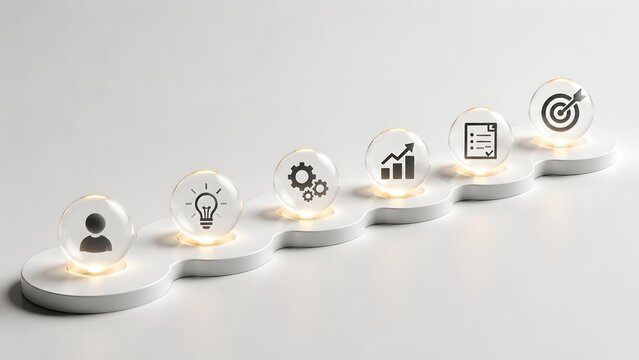 Wavy white base carrying five transparent spheres with black business icons inside. Concept of strategic project planning and corporate milestone timeline.