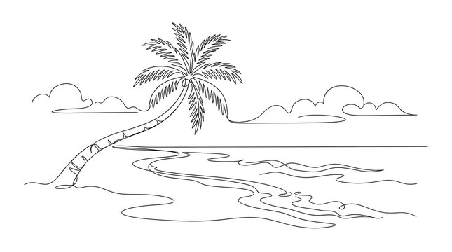 Vintage hand drawn tropical island palm tree sketch black and white line art illustration