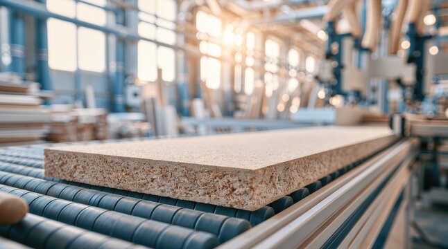 Wood panel manufacturing. Particleboard moves along a factory conveyor during automated production of engineered wood panels for furniture and construction.