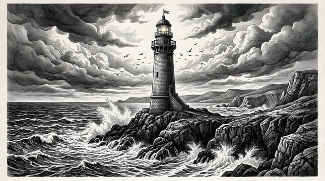 Detailed engraving illustration of a historic coastal lighthouse standing on rocky cliffs