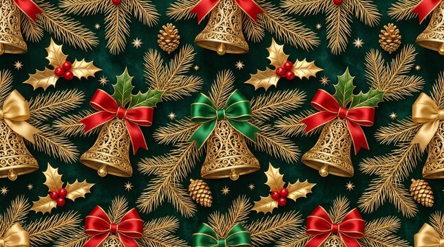 Golden christmas bells with festive ribbons and pine branches pattern