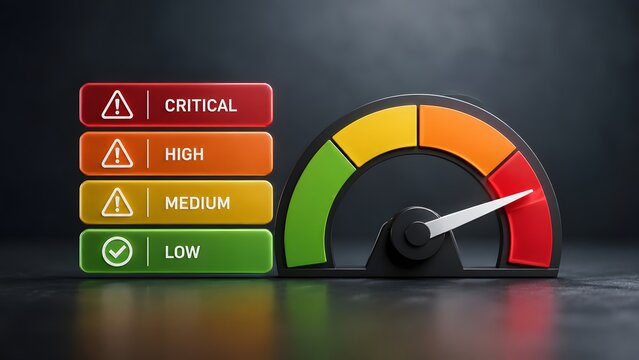 Speedometer dial near stacked warning blocks pointing to red zone. Concept of project risk assessment, performance evaluation, and safety.