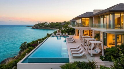 Fototapeta premium Modern luxury villa with infinity pool overlooking ocean at sunset.
