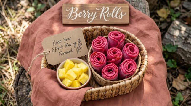 Healthy homemade berry fruit rolls and fresh pineapple pieces served in a rustic woven basket on a terracotta cloth outdoors, providing a delicious and nutritious snack for a balanced lifestyle daily.