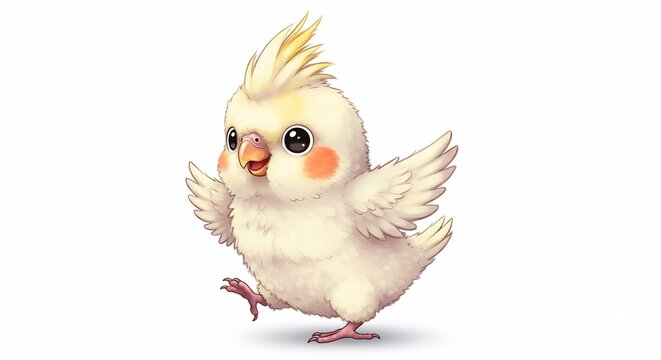 Adorable Cockatiel Chick: A cute, fluffy cockatiel chick with bright eyes and a cheerful crest is captured in a playful pose, ready to take flight.