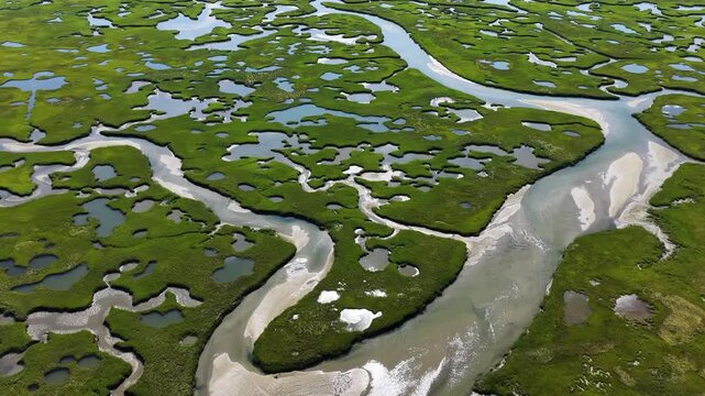 A myriad of channels meander through an extensive, sunlit salt marsh on the coast of Cape Cod, MA. Marshes provide critical habitat for many birds, fish, and invertebrates to feed, mate, and nest.