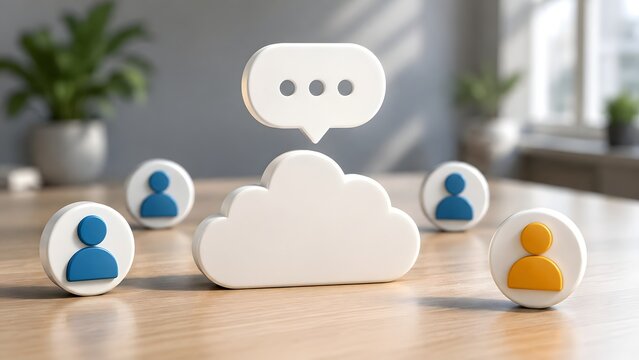 White 3d cloud with speech bubble and connected user profile icons on a wooden table. Concept of corporate team collaboration network and human resources communication.