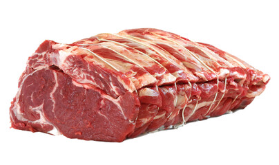 Obraz premium Close-up of raw beef steak cuts on white background with natural marbling