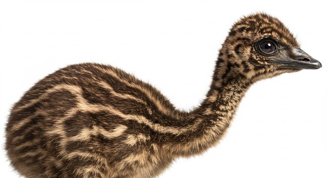 Emu Chick Close-up: A young emu chick with distinct stripes and fluffy down, captured in a studio portrait, highlights the delicate beauty of this native Australian bird.