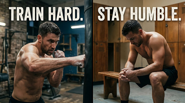 Athlete training intensely with boxing bag and resting in locker room reflecting on discipline and humility