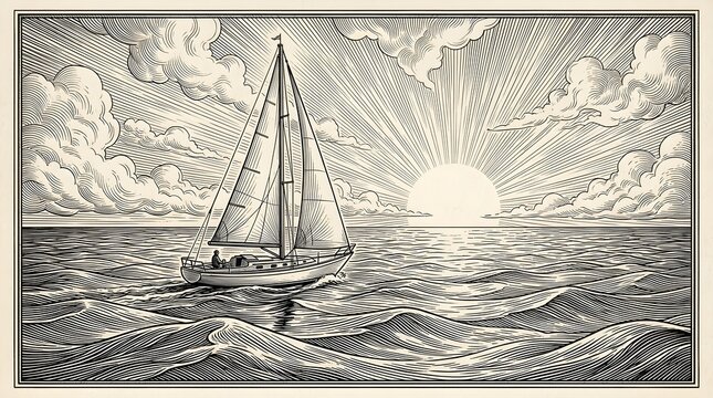 Monochrome engraving style illustration depicting a sailboat navigating through choppy ocean