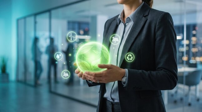 Businesswoman Holding Green Energy Globe Hologram with Renewable Power Icons, Sustainable Development Goal, Eco-Friendly Corporate Strategy, Environmental Conservation and Climate