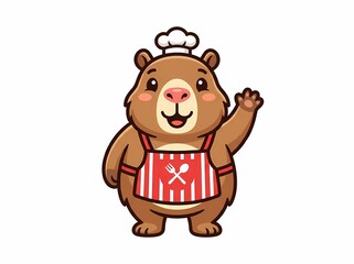 Obraz premium Cute capybara chef character wearing an apron and hat waving hand.