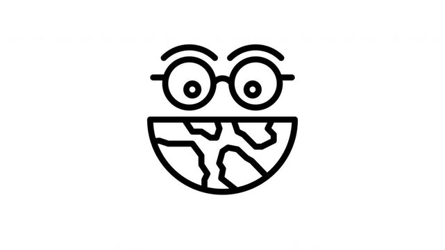 Minimalist black line icon representing global education and geography knowledge featuring a face with glasses and a globe element