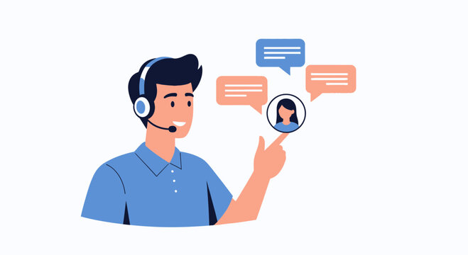 Customer service agent with headset and speech bubbles, representing online communication and support.